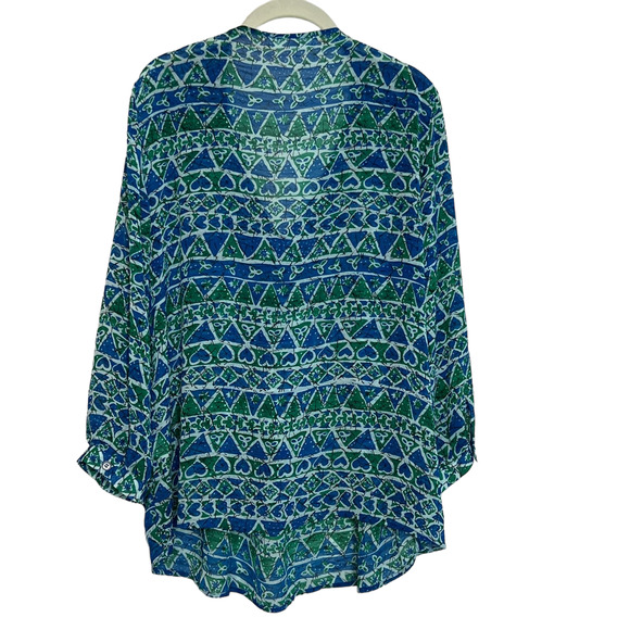 Two by Vince Camuto Womens Sheer Peasant Blouse Large Blue Green Tasseled Boho - Picture 3 of 5
